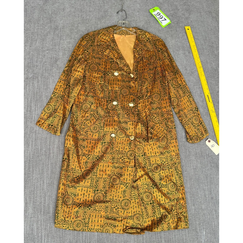 Vintage Womens Trench Coat 40 Gold Green Paisley Luxury Double Breasted Retro